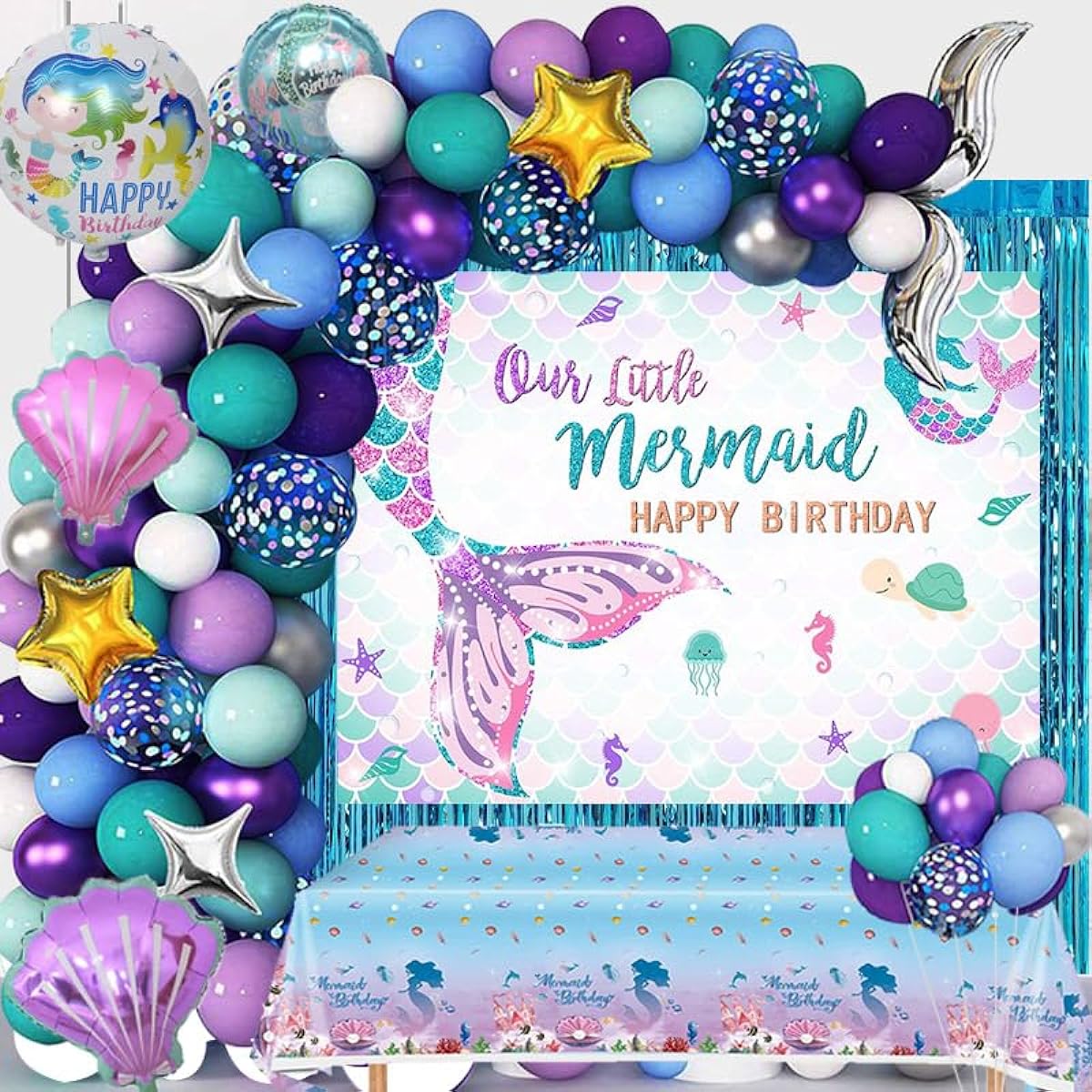Mermaid Party Decorations Birthday Supplies for Girls Mermaid Balloon Garland Mermaid Backdrop Tablecloth Mermaid Tail Balloon Fringe Curtain Bobo Balloon
