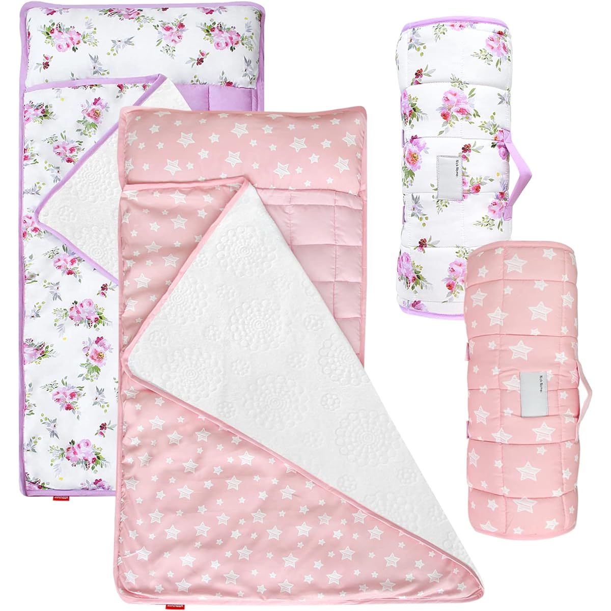 Toddler Nap Mat 2 Pack Girls Nap Mat for Kids Preschool Daycare Removable Pillow and Fleece Minky Blanket Lightweight Soft Pink Stars and Lovely Floral Pattern