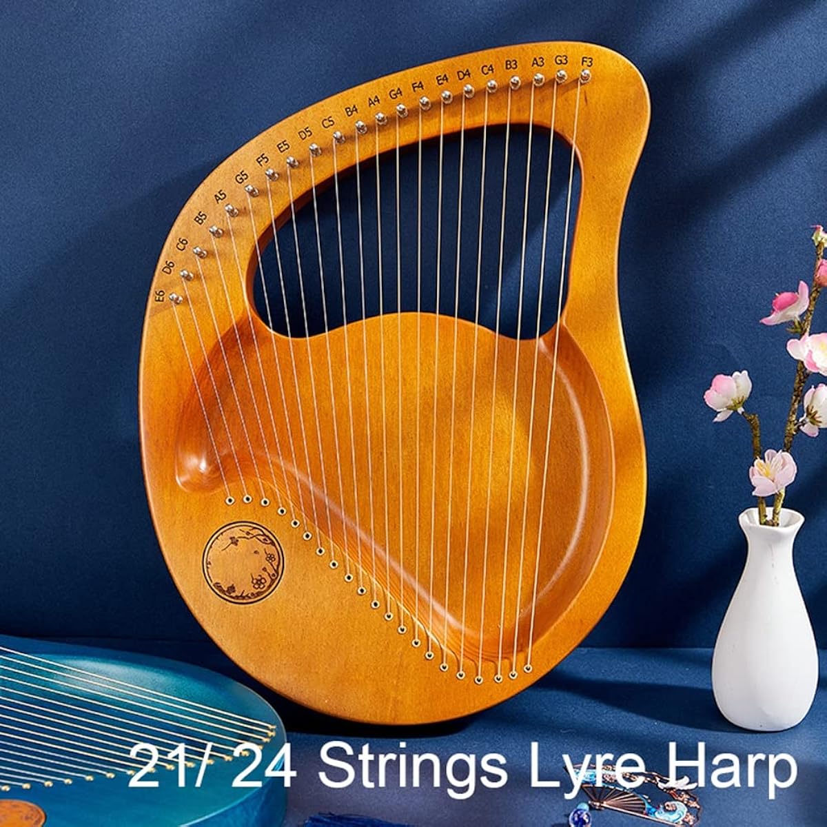 WowZza Lyra Harp, 21/24 String Veneer Lyre Harp Metal Strings with Tuning Wrench and Black Gig Bag Spare Strings, for Beginners and Adults/Black/24 Strings