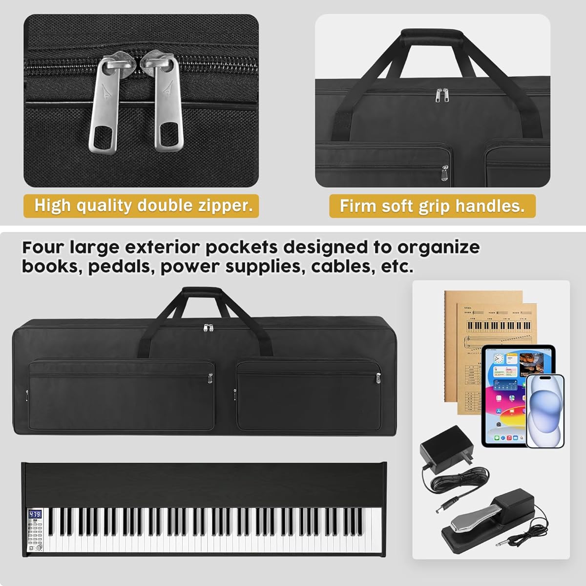XIDIHF 88 Key Keyboard Case 53.9" x 7.1" x 14.6" Portable Padded Piano Bag Keyboard Gig Bag with Handle and Adjustable Shoulder Strap 4 Pockets for Keyboard Accessories (Black)
