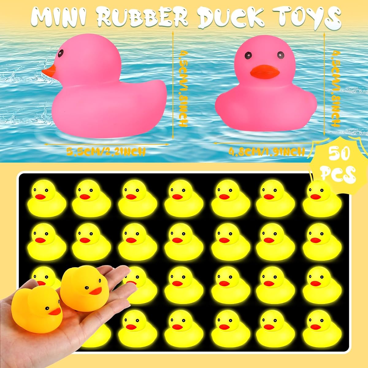 Syhood Rubber Luminous Ducks Bulk 2.2" Float Bathtub Bath Toys Mini Fluorescent Ducks Valentine Ducks for Home School Room Shower Birthday Party Gifts (50pcs Pink)