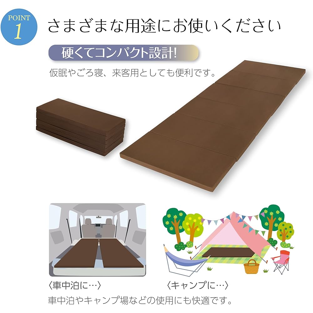 Arkem Lanary Folding Mattress, Sixfold, Compact Mattress, Semi-Single, Width 80cm, Brown, High Repulsion, Body Pressure Dispersion, Urethane Material, Sleeping flat, Sleeping in the car, Camping, Back pain