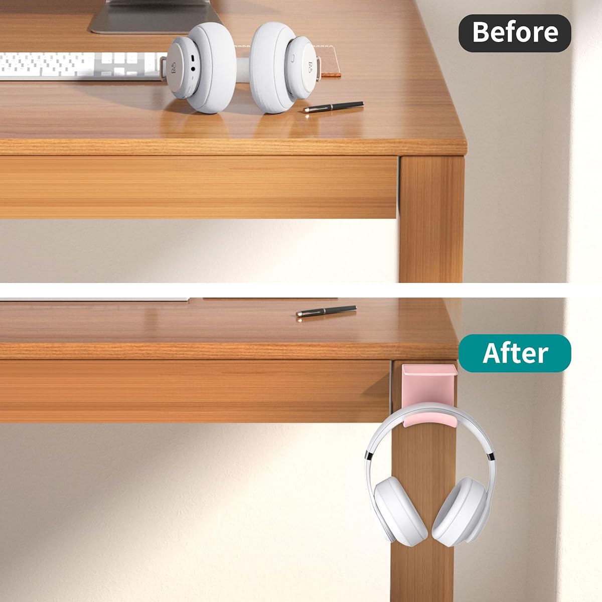 HomeMount Headphone Hook Under Desk - Under Table Headphone Holder Adhesive Gaming Headphone Stand Hanger Desk Mount Fits Most Headphones (Pink)