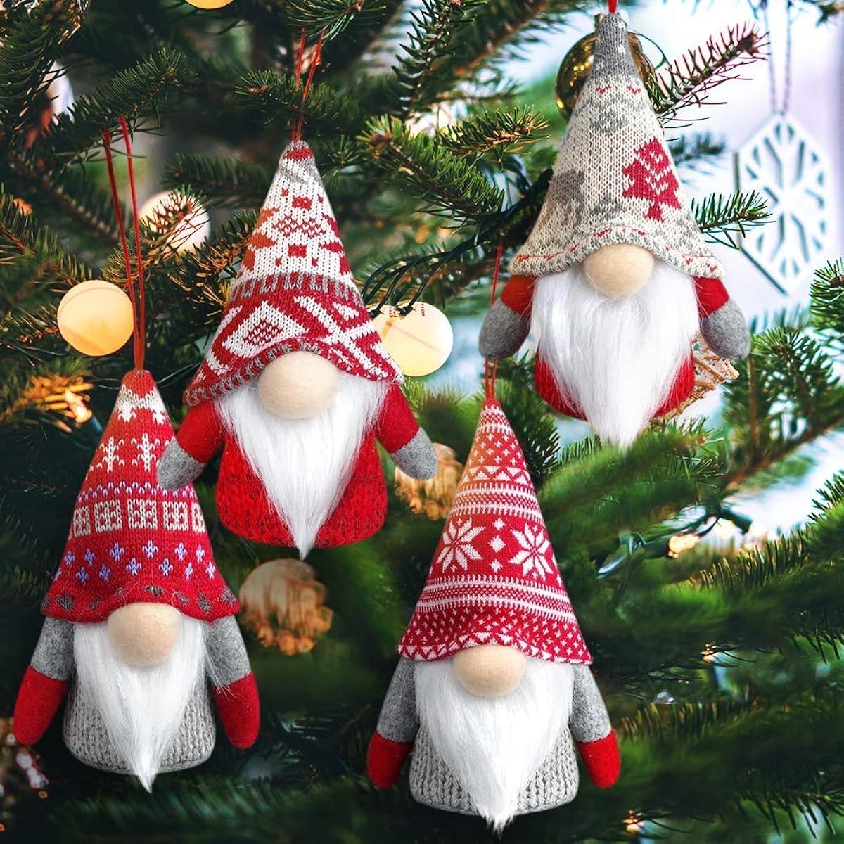 Christmas Gnome Hanging Ornaments with Lights Handmade Swedish Tomte Plush Scandinavian Santa Elf Ornaments Home Decorations for Shelf Table Fireplace Christmas Tree Pack of 4