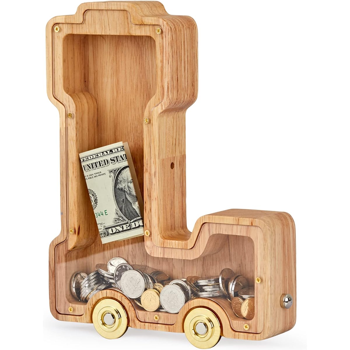 NBTORCH Piggy Bank - Interconnectable Wooden Letter Train Piggy Bank Alphabet L Piggy Bank with Wheels for Adults Kids Boys Girls (Best Gift for Lxxx)