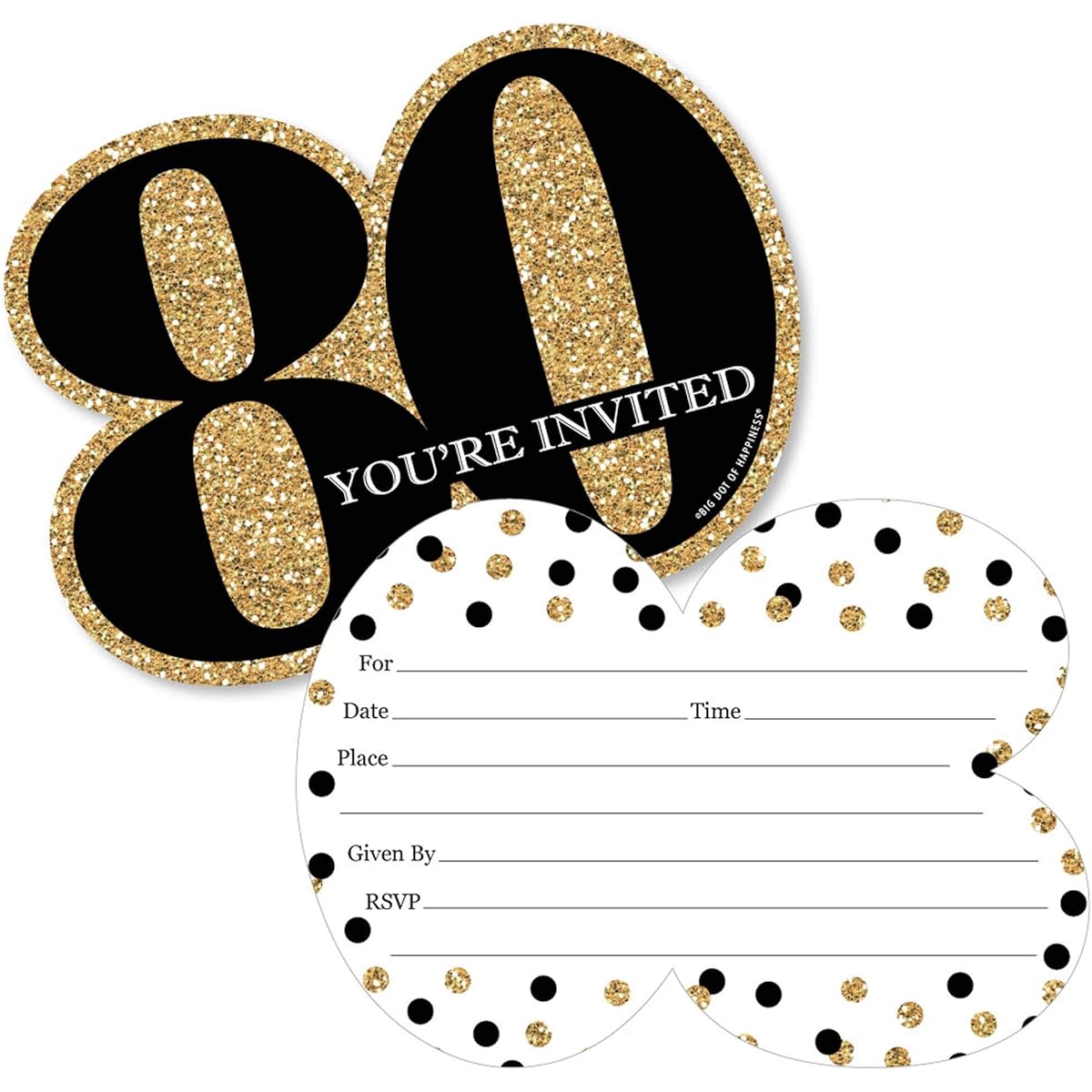Adult 80th Birthday - Gold - Vintage Fill-in Invitations - Birthday Party Invite Cards with Envelopes - Set of 12