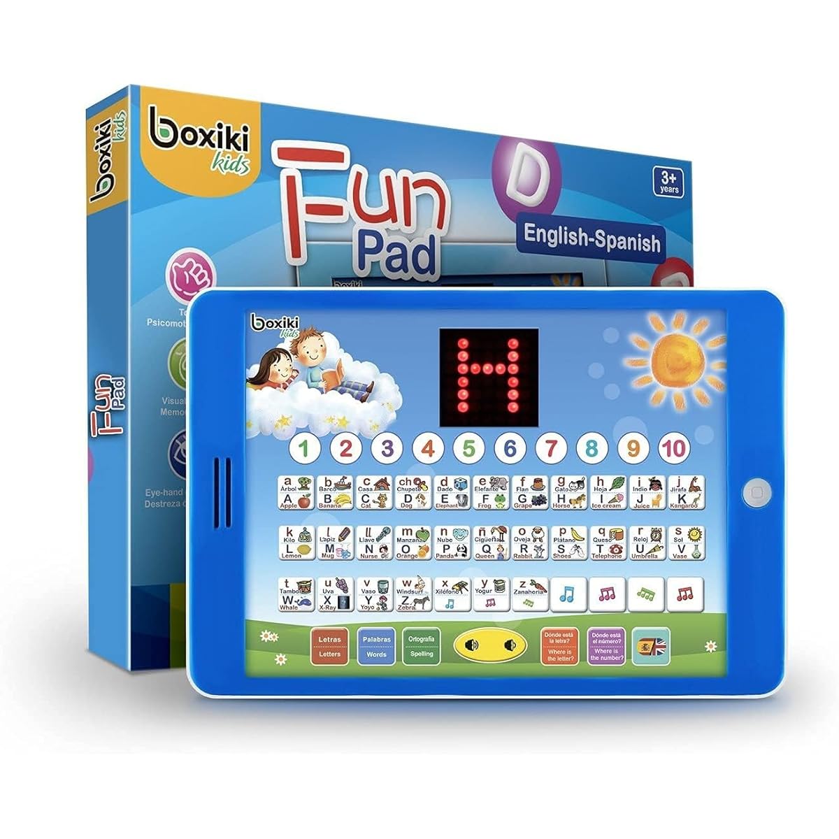 English & Spanish Bilingual Learning Tablet Toy, Boxiki Kids with Small LED Screen | ABC, Animals, Fruits and More Words | Learning Toys for Ages 2+