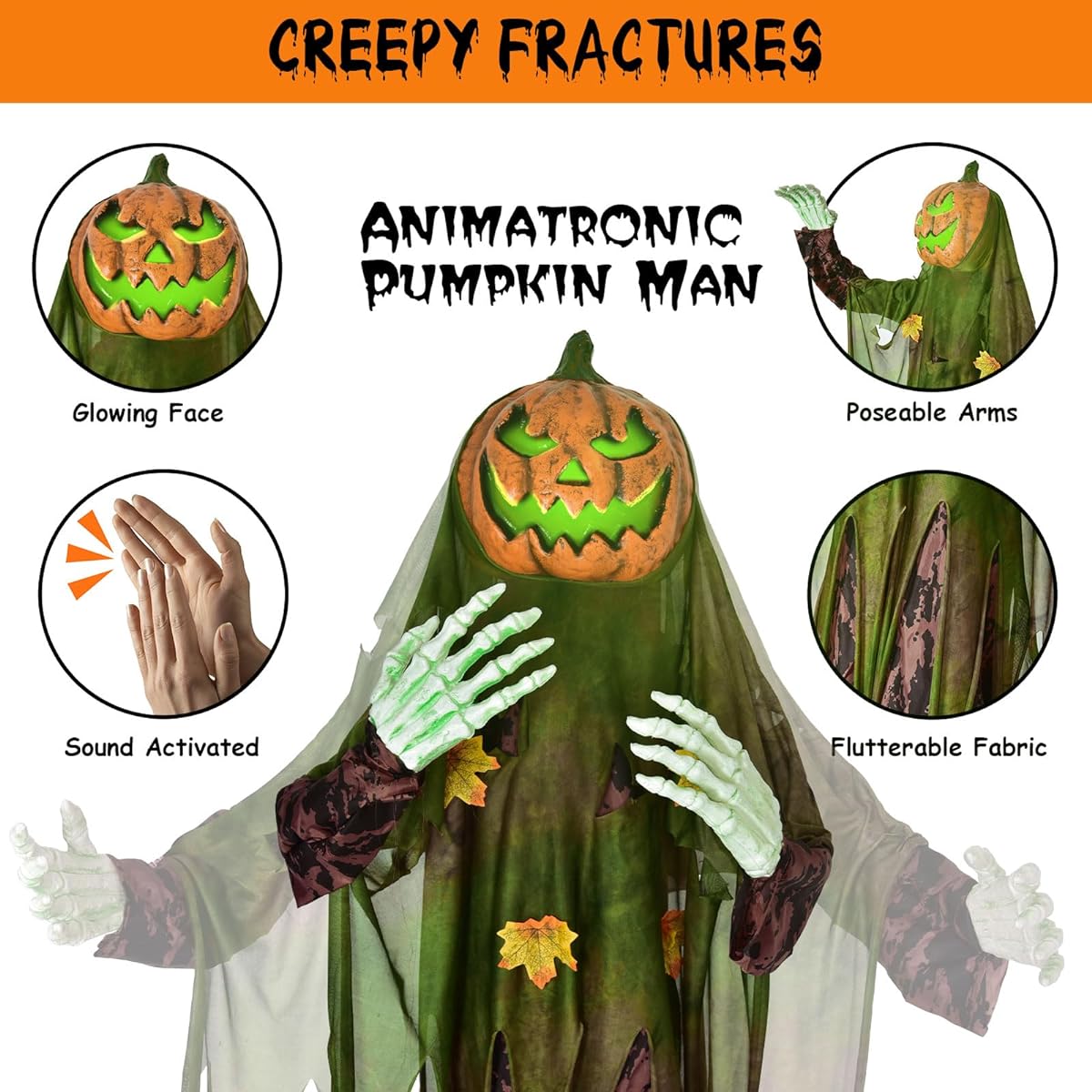 Presence 67" Halloween Interactive Standing Pumpkin Man with Lights and Sounds Scary Pumpkin Decoration for Outdoor Lawn Backyard Garden Graveyard Animatronic Halloween Props Decor