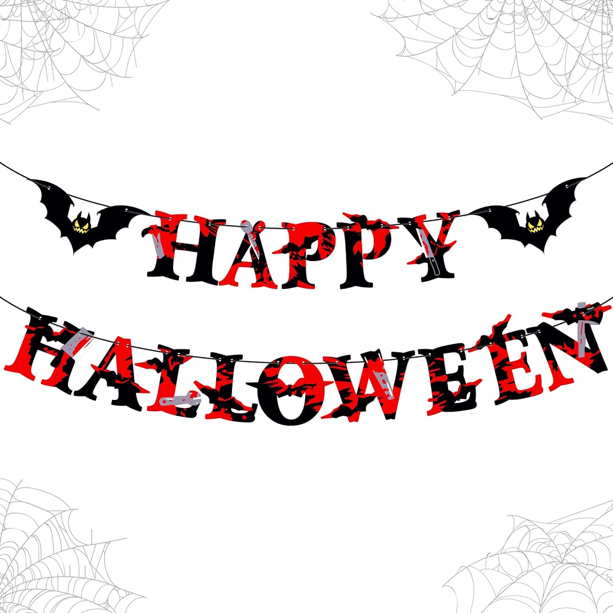KatchOn Happy Halloween Banner with Bats - Large 10ft No DIY Required | Scary Halloween Garland for Mantle Red and Black Halloween Decorations | Bat Halloween Garland Outdoor Halloween Party Decorations