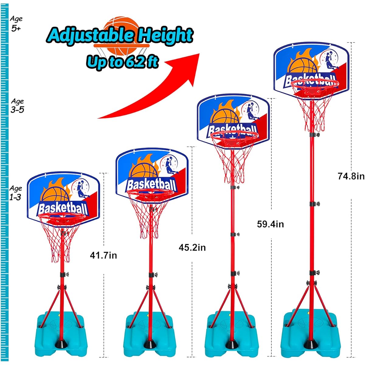Basketball Hoop for Kids Toddlers Portable Adjustable Height 2.9ft-6.2ft for Indoor Goals Outdoor Gift with 2 Balls for Girls Boys Ages 3 4 5 6 Years Yard Backyard Games