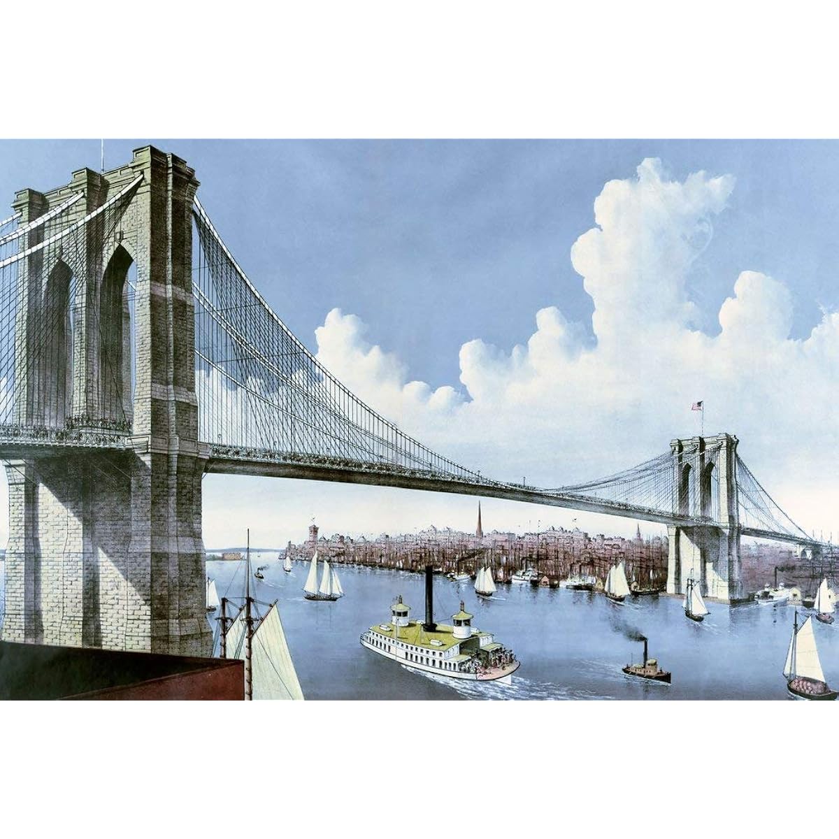 Mini Wooden New York Puzzle for Adults - Brooklyn Bridge, 1886 by Currier and Ives - 49 Unique Pieces. Made in the USA by Nautilus Puzzles