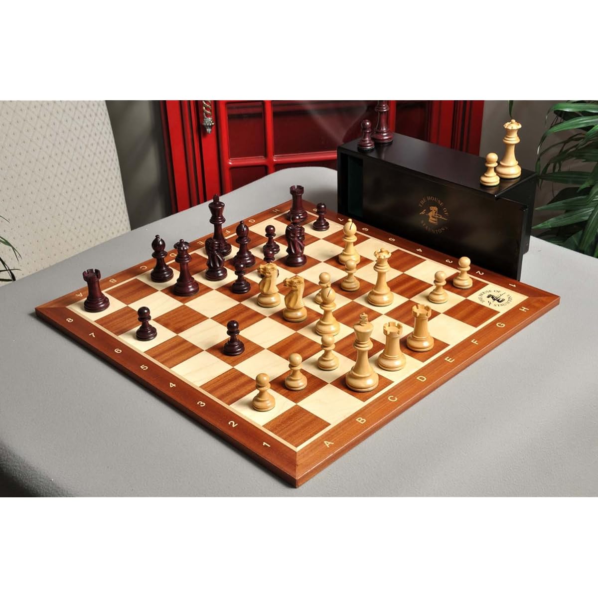 Guild Grandmaster Chess Set, Box & Board Combination - 3.25" - Purpleheart Gold Foil & Boxwood