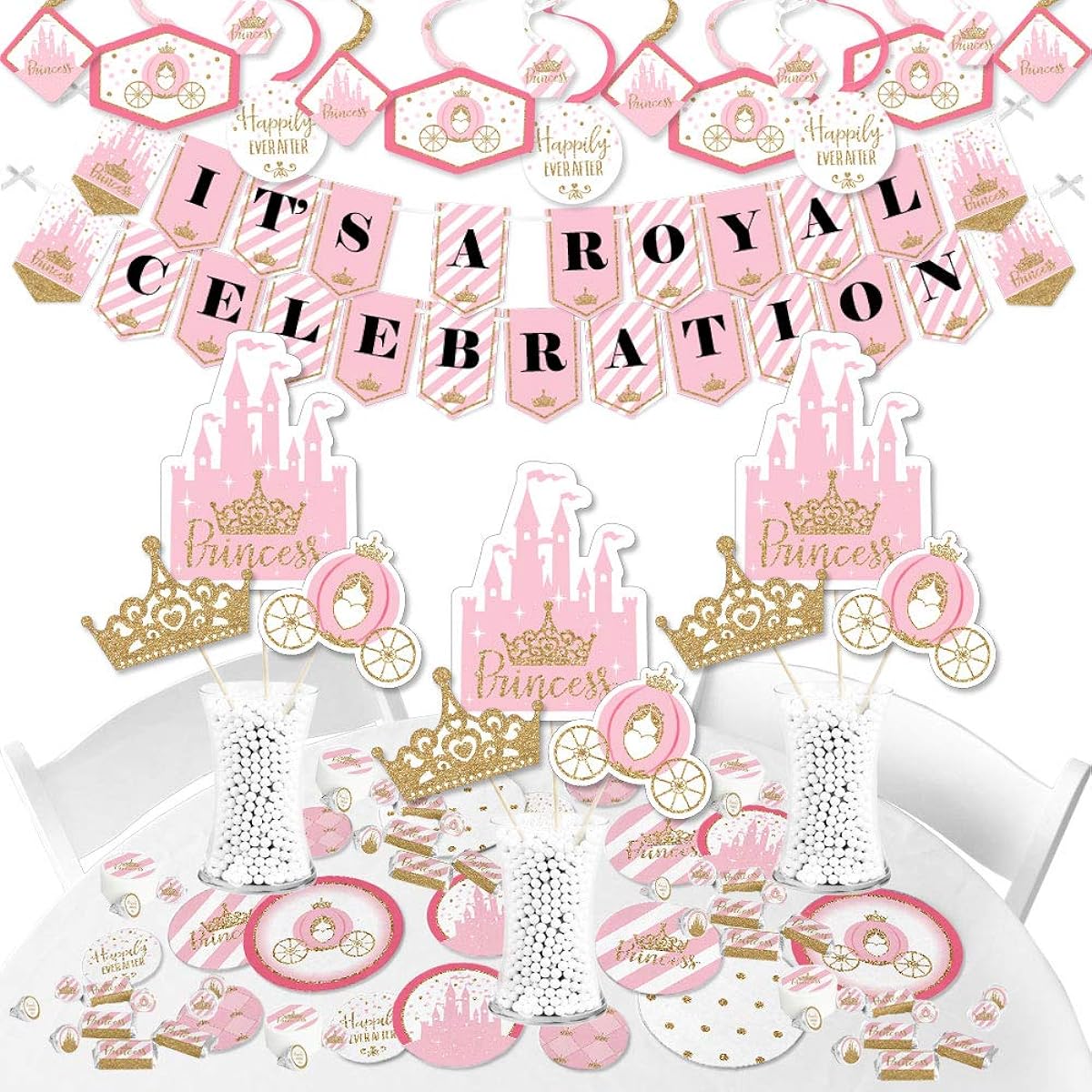 Big Dot of Happiness Little Princess Crown - Pink and Gold Princess Baby Shower or Birthday Party Supplies - Banner Decoration Kit - Bundle Bundle