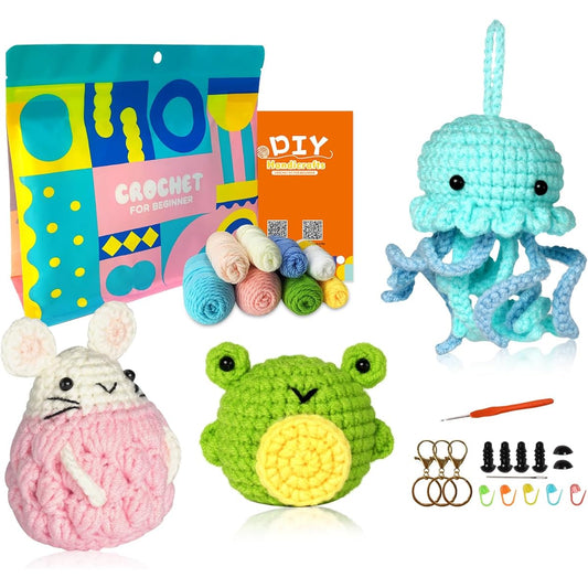 Ruzzut Crochet Kit for Beginners 4 Pieces Amazing Crochet Set to Make Cute Animals Crochet Starter Kit with Step-by-Step Instructions and Yarn Accessories Holiday Birthday Gifts for Adults Teens