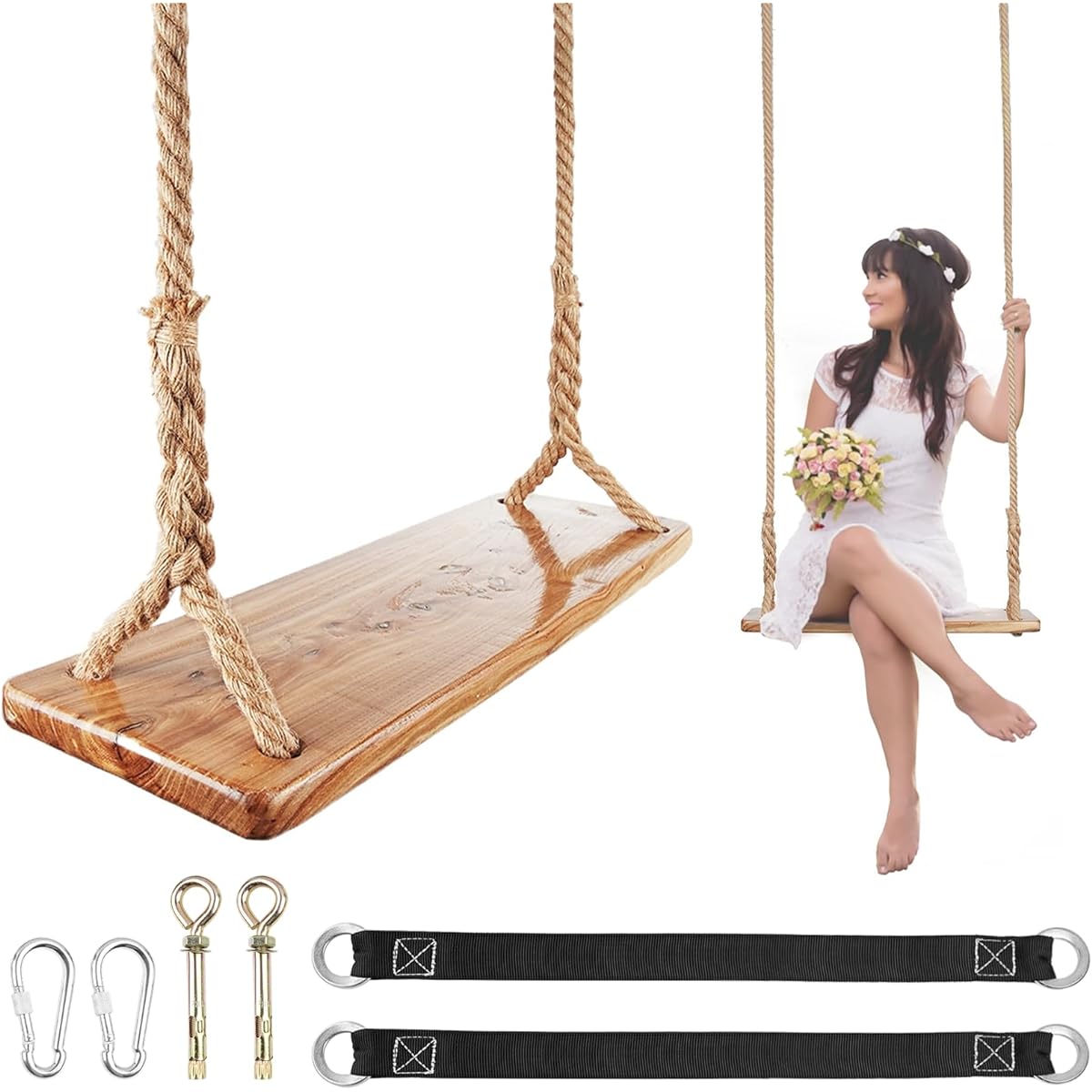 Wooden Swing for Adults Wooden Tree Swing 500 lbs Load Capacity Adjustable Hemp Rope and Tree Strap 100 Inch Waterproof for Indoor/Backyard/Garden/Playground