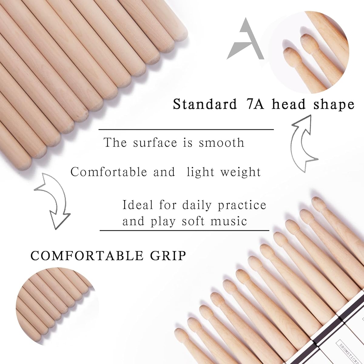 Drumsticks 12 Pairs Maple 7A Wooden Chip Drumsticks for Kids and Adults Musical Instruments Percussion Accessories Bulk Drumsticks