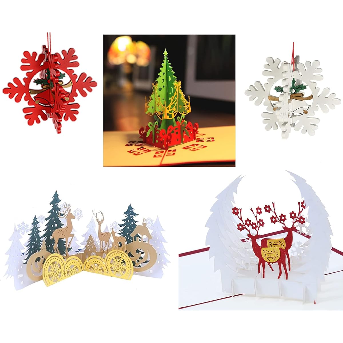 SOUQI 3D Pop-up Christmas Cards (3 pcs), Christmas Window Stickers (2 pcs), Christmas Snowflake Decorations (4 pcs), Handmade Christmas Greeting Cards/New Year…