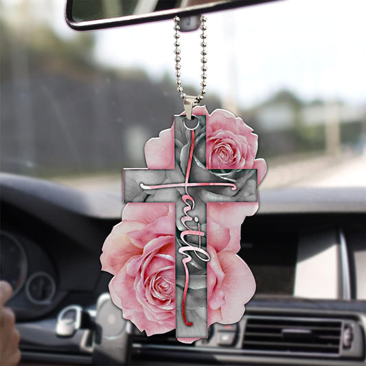 Talataca Pink Cross Rose God Faith Christian Jesus Car Rear View Mirror Accessories Christmas Tree Ornament Decoration Hanging Charm Interior Back Pendant Decoration Gift