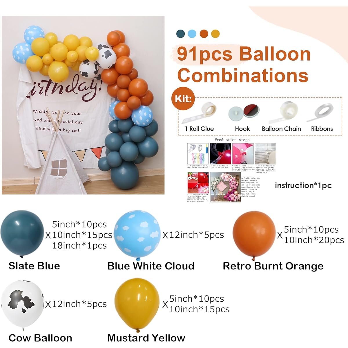 MYDECORBL Balloon Combination 91 Pieces Animal Theme Party Balloon Garland Arch Kit Slate Blue Natural Sand Cloud Retro Burnt Orange Mustard Yellow for Baby Shower Birthday Party