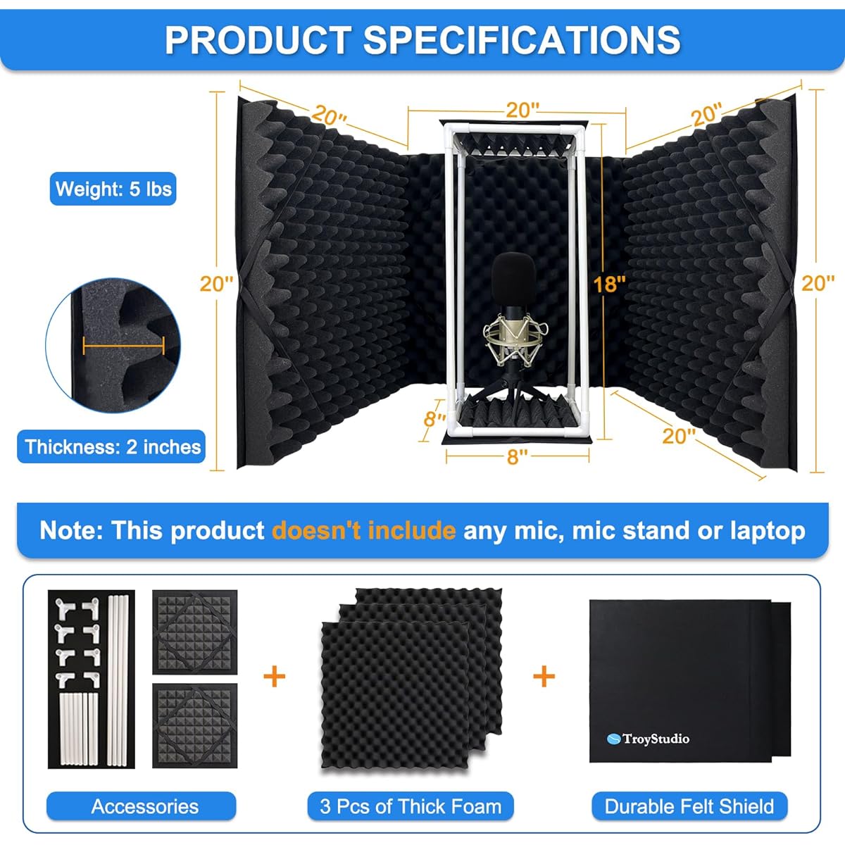 TroyStudio Microphone Isolation Shield - | Reflection Filter for Desk | - | Large Foldable Compatible with All Desk Microphones |