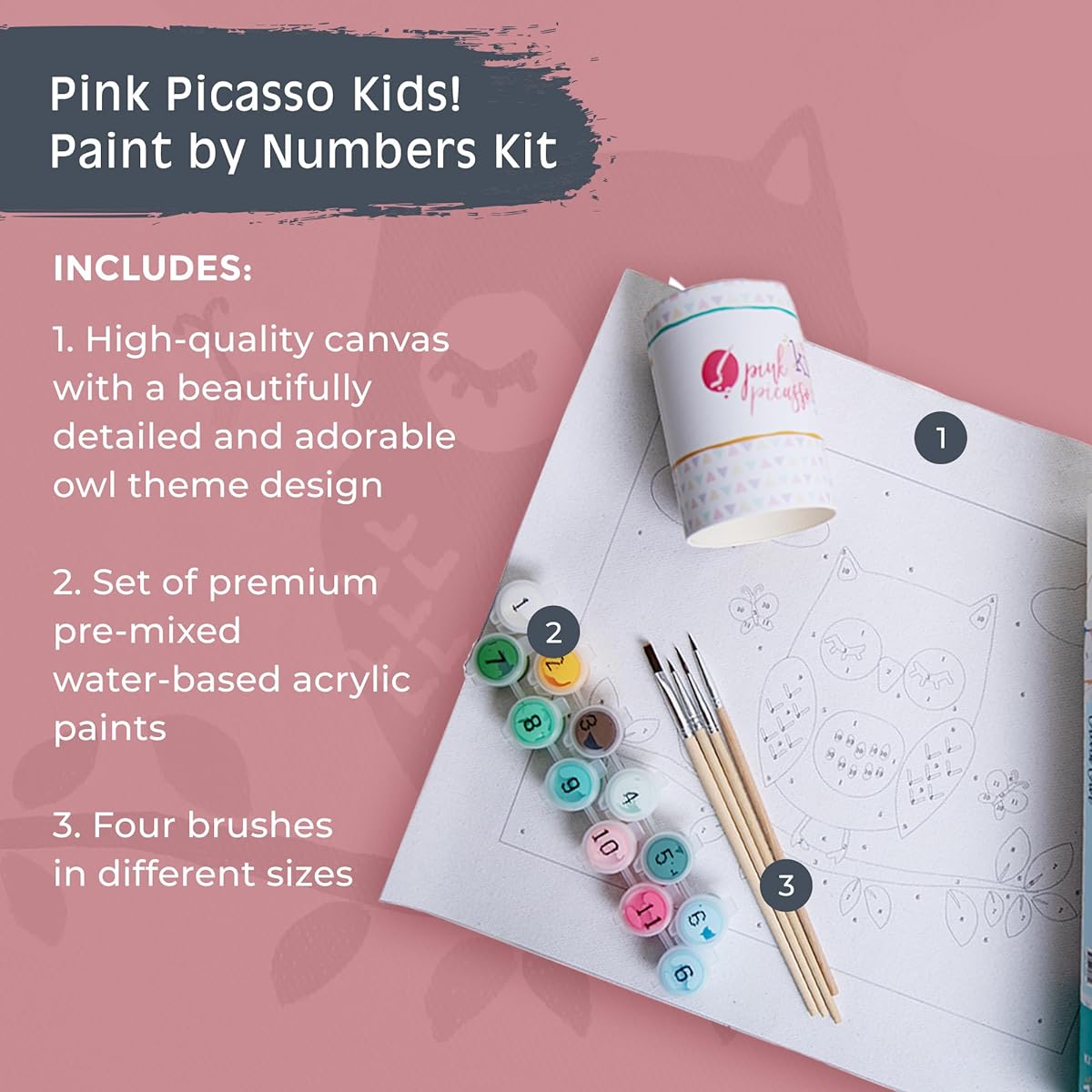 Pink Picasso Kit Paint by Numbers for Kids Ages 5-12 | DIY 8x10 Beginner Kids Paint Set Color by Number Canvas Painting Kit | Shark Tank & Oprah's Favorite Things (Olivia Owl)