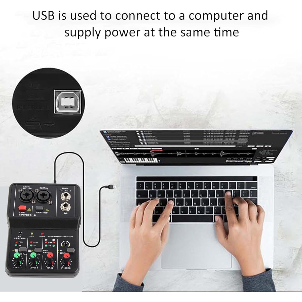 GOWENIC Mixer Console USB 2 Channel Audio Mixer 48V Phantom Power Compact Mixing Console Music Recording for Home Karaoke Internet Karaoke