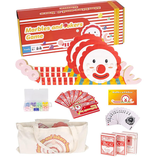 Marbles and Jokers Board Game for 2-8 Players 8 Wooden Boards + 48 Colored Marbles + 3 Playing Cards + 8 PVC Rule Cards + 1 Marble Storage Box + 1 Canvas Bag + 1 Game Manual