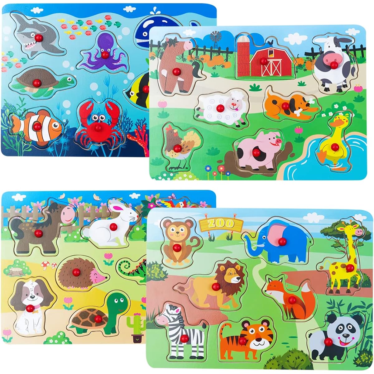 ExploraToy 4-Piece Peg Puzzle Set (32 Pieces) Wooden Knob Puzzles for 1-3 Years Old Toddlers, Farm Zoo, Forest Animals, Pets, Marine Animals, Preschool Educational Cognitive Gift