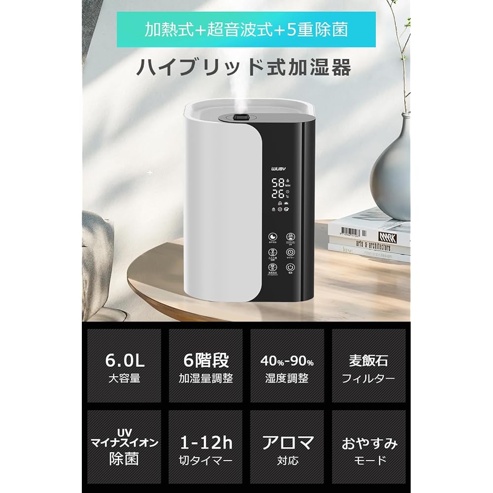 Humidifier, Large Capacity, 1.6 gal (6 L), Tabletop, Heating Type, UV Light Disinfecting & 5 Layer Disinfectant, Ultrasonic Humidifier, Aroma, Negative Ions, Touch Panel Type, Hybrid Type, Top Water