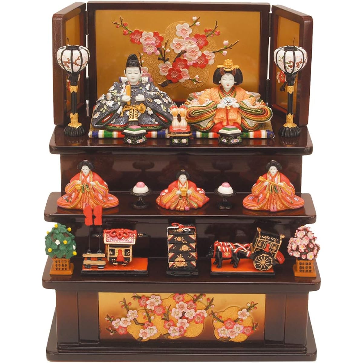 Hina dolls, miniature Hina dolls, 3-tiered display, Hiho Nakabina, wooden 3-tiered display, brown, object, ornament, work of art, Hinamatsuri, Hina dolls, Emperor and Empress, three court ladies, Peach Festival, plum blossoms, season spring