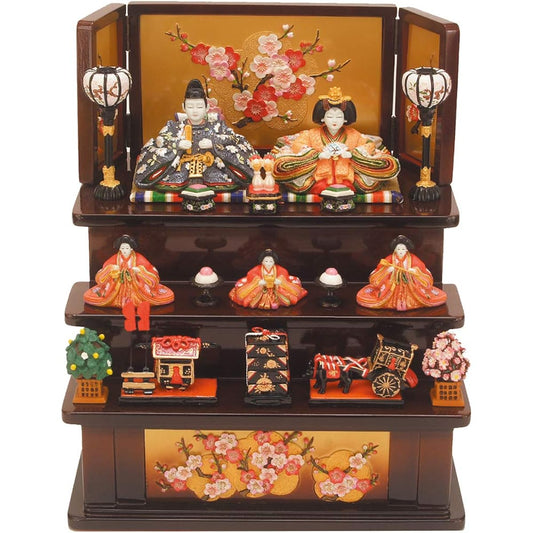 Hina dolls, miniature Hina dolls, 3-tiered display, Hiho Nakabina, wooden 3-tiered display, brown, object, ornament, work of art, Hinamatsuri, Hina dolls, Emperor and Empress, three court ladies, Peach Festival, plum blossoms, season spring