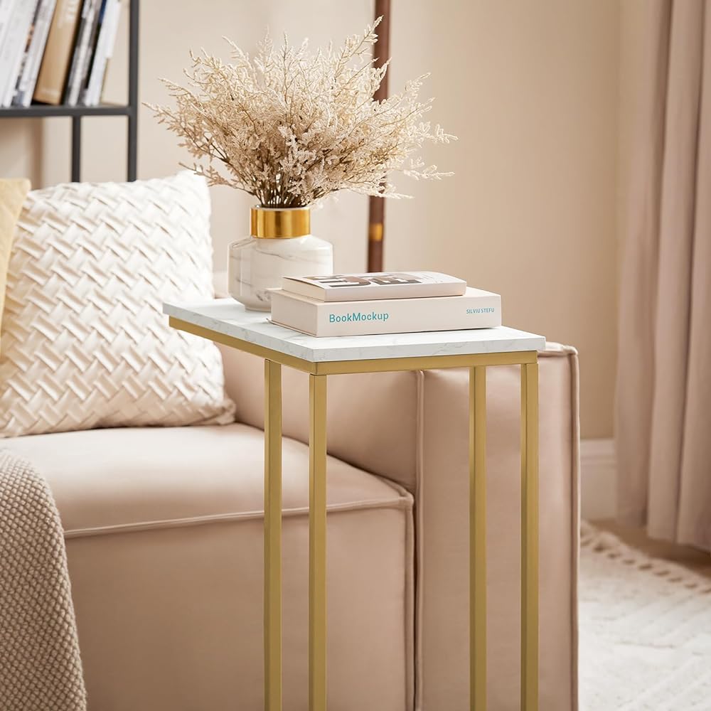 SoBuy Side Table, Stylish Night Table, Bedside Table, Slim, Marble Style, Width 48 x Depth 30 x Height 60 cm, Metal Color, U-shaped Mini Table, Working from Home, Living Alone, Computer Desk (FBT87-G/Gold)