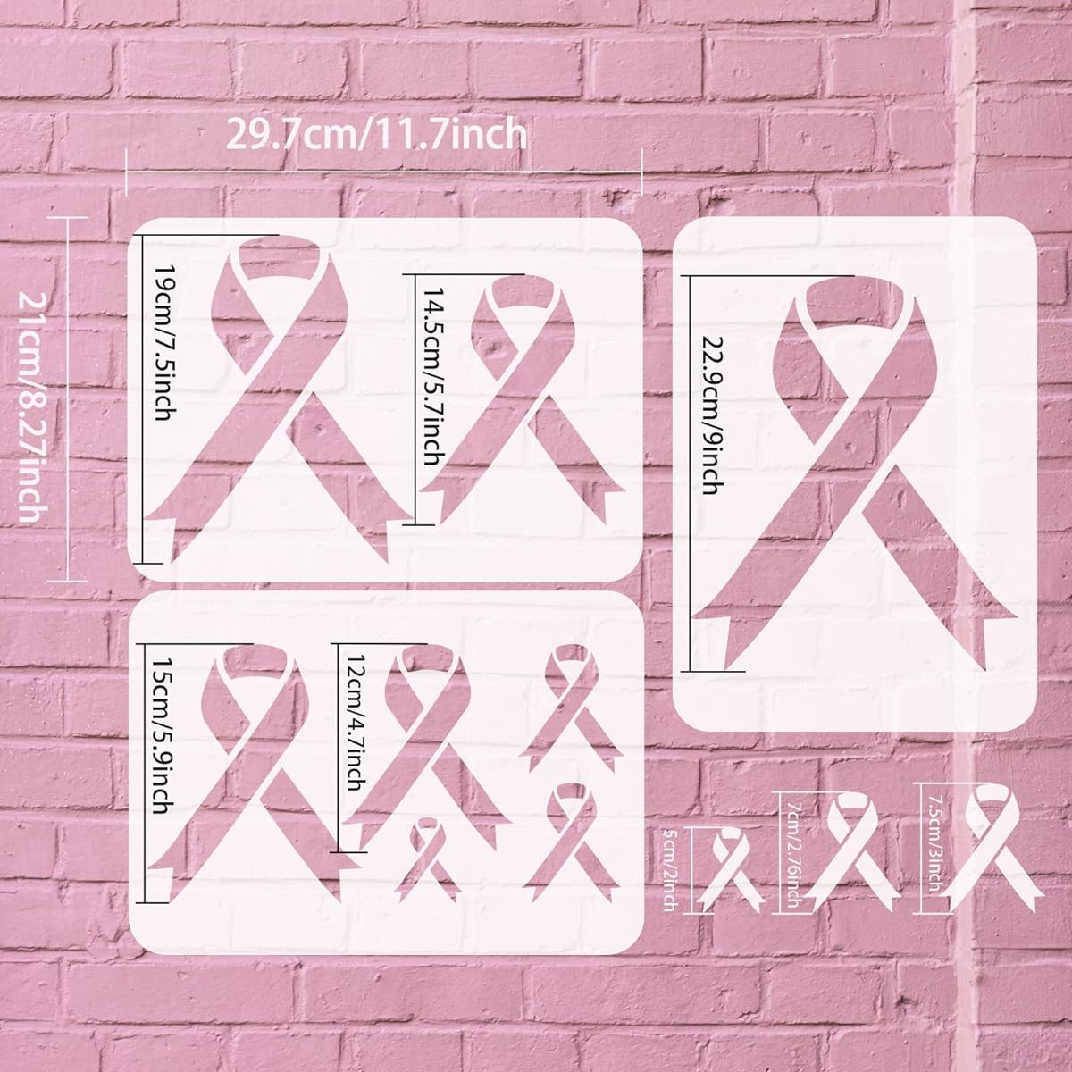 FINGERINSPIRE Breast Cancer Ribbon Stencils, 3 Sheets 11.7x8.3 Inch Breast Cancer Awareness Ribbon Stencils Reusable Different Size Ribbon Painting Stencils Templates for Breast Cancer Events