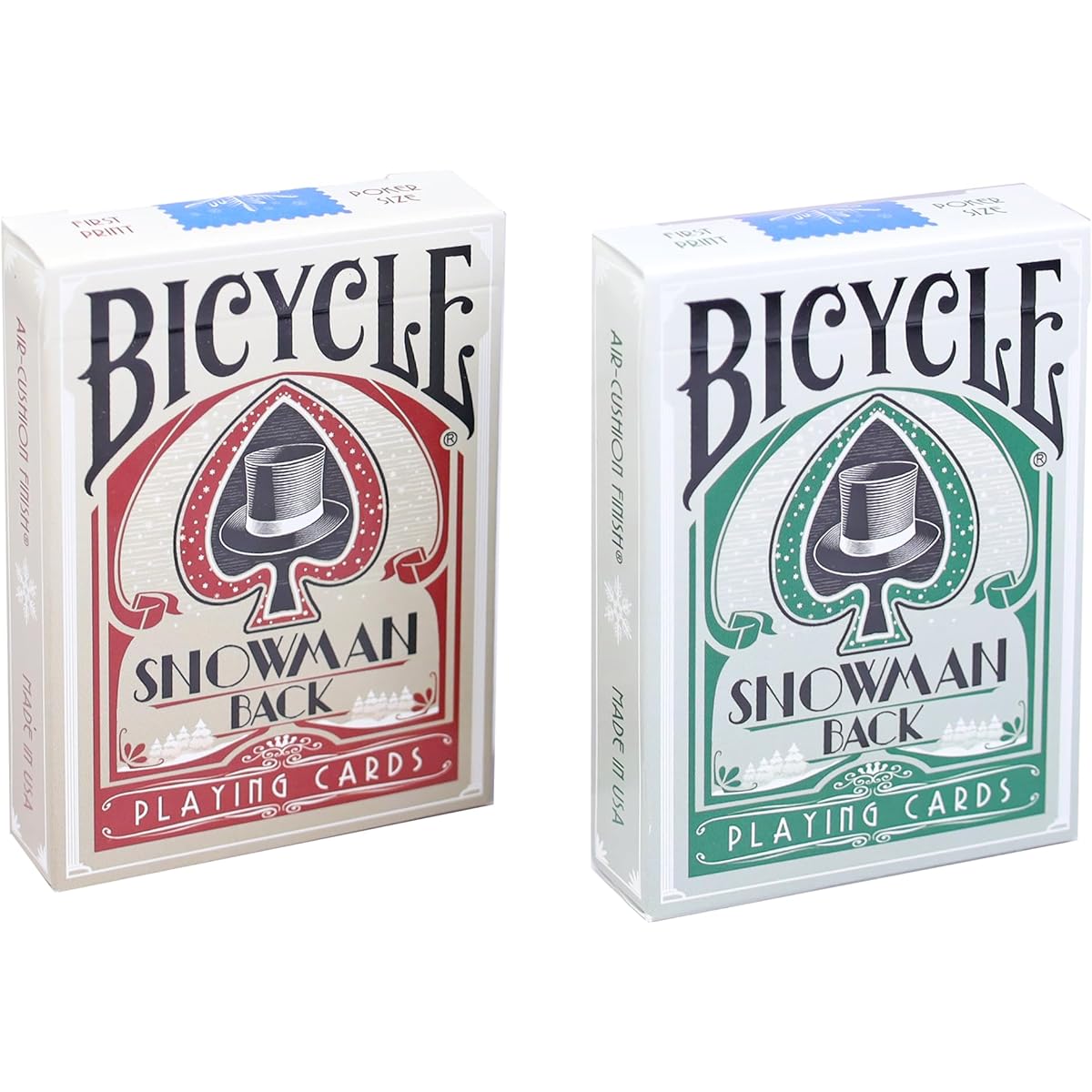 Snowman Bicycle Playing Cards – Winter Carnival Red and Green 2 Deck Set