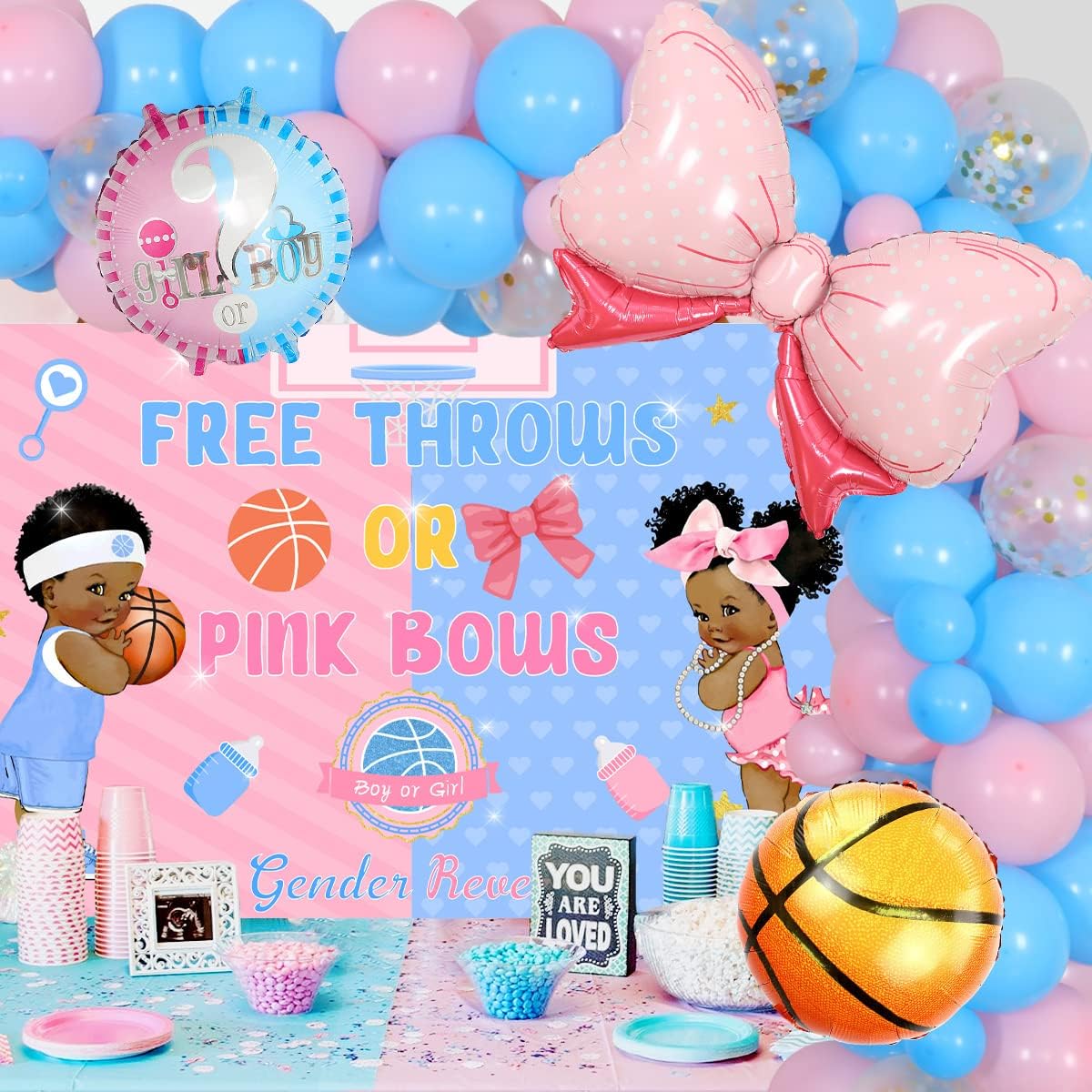 Basketball or Ribbon Gender Reveal Decorations Blue and Pink Balloon Garland Free Throw or Pink Ribbon Gender Reveal Backdrop Basketball Ribbon Baby Shower Decorations for Boys or Girls Gender Reveal Party