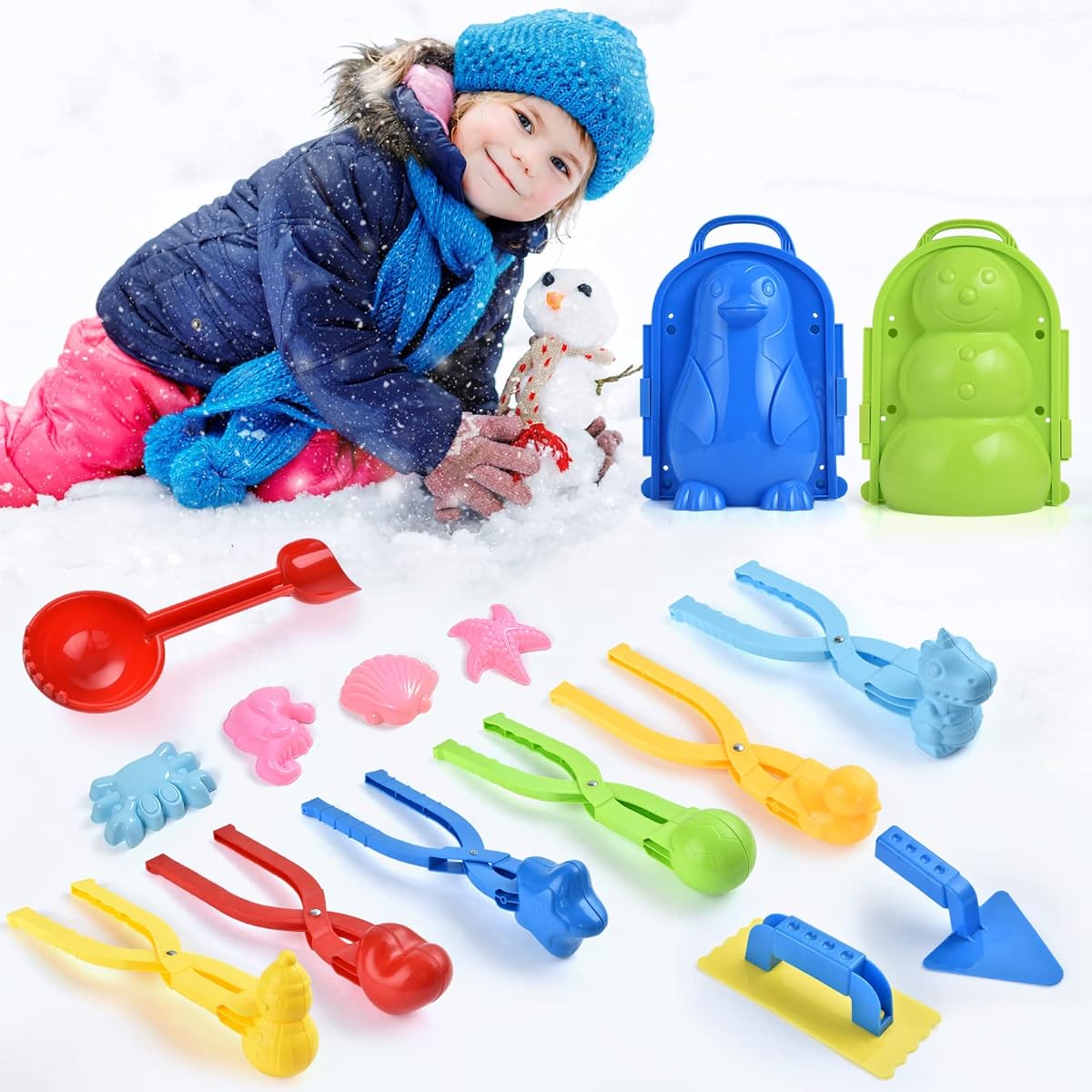 FlONOON Snowball Maker Snow Kit for Kids Snow Toys Penguin Duck Heart Snowman Snowman Snowball Maker Tools with Clips Handles Winter Outdoor Sand Mold for Toddlers Boys Girls