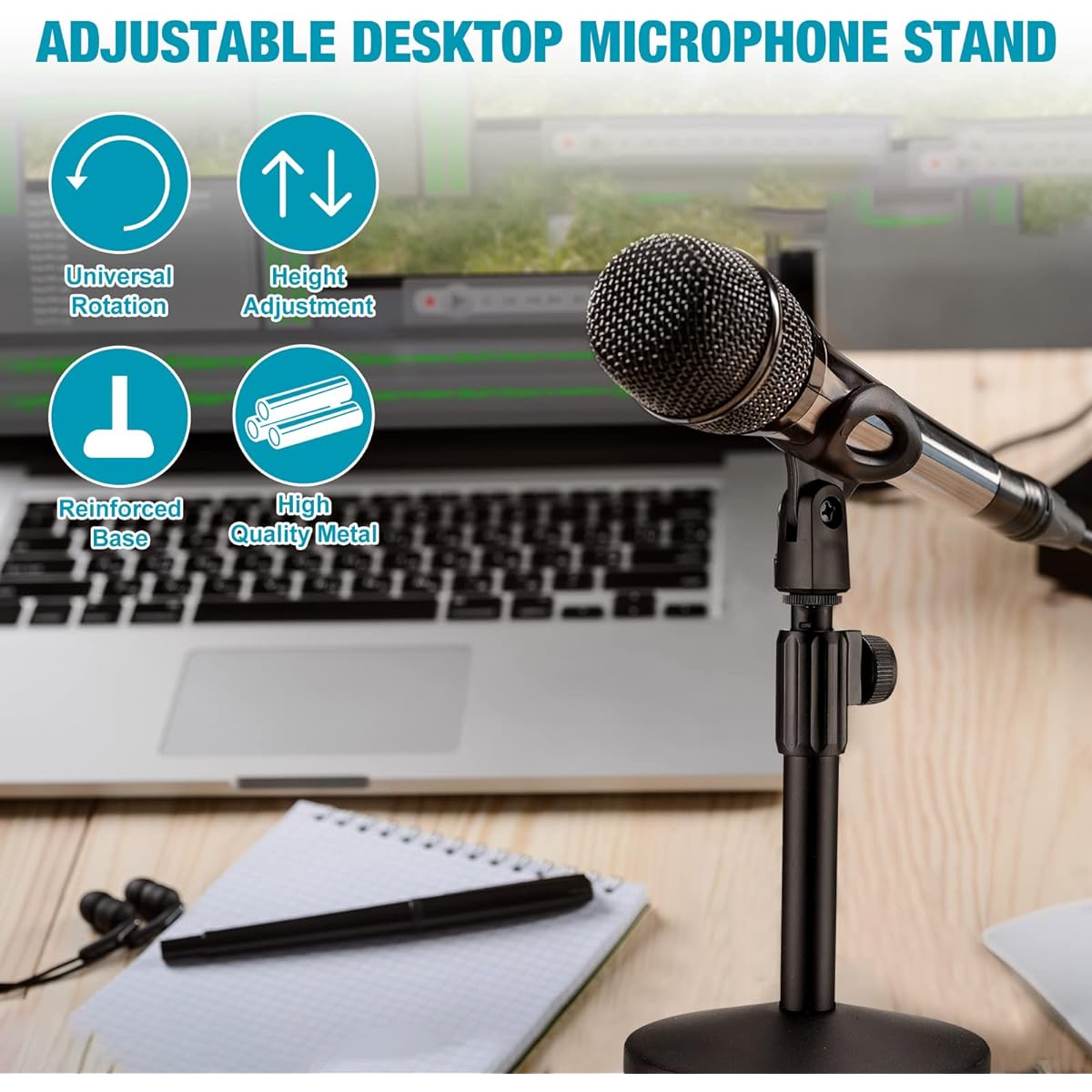 Hoteam 4 Pieces Desktop Microphone Stand Adjustable Table Microphone Stand Mic Clip Mic Stand Desk with 5/8" Male to 3/8" Female Thread Metal Round Base for Table Desk Interview Black