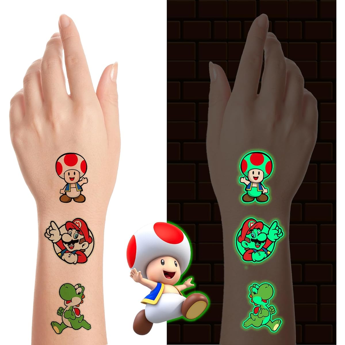Mario Birthday Party Favors - 51 Individually Wrapped Glow in the Dark Temporary Tattoos for Kids - Assorted Party Supplies, Goody Bag Stuffers