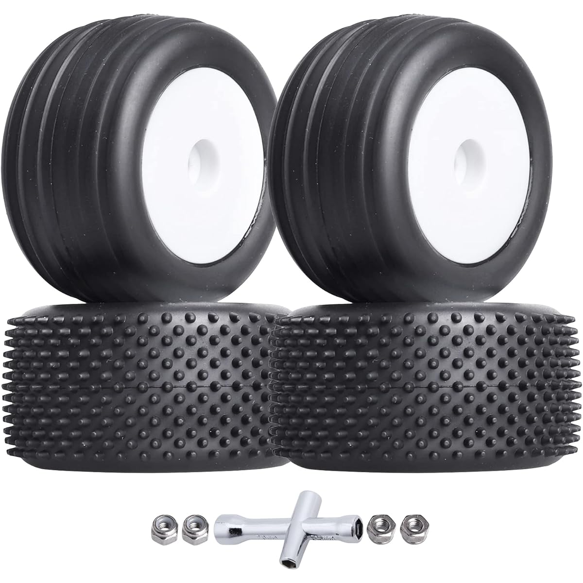 GrazyHobby 1/18 RC Buggy Tires and Wheels with Glue 8mm Hex Losi Mini-T 2.0 WLtoys A959-B Axial UTB18 Capra 1/18 RC Truck Off-Road Car (White Rims)