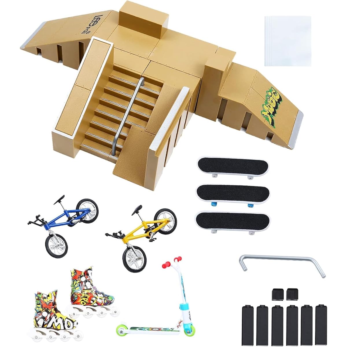 ideallife Skate Park Kit Large Skate Park Kit Slope Parts Finger Skateboard Fingerboard Slope Skate Park Kit Part Training Props with 3 Finger Decks 2 Pairs Finger Bikes Skate Scooter