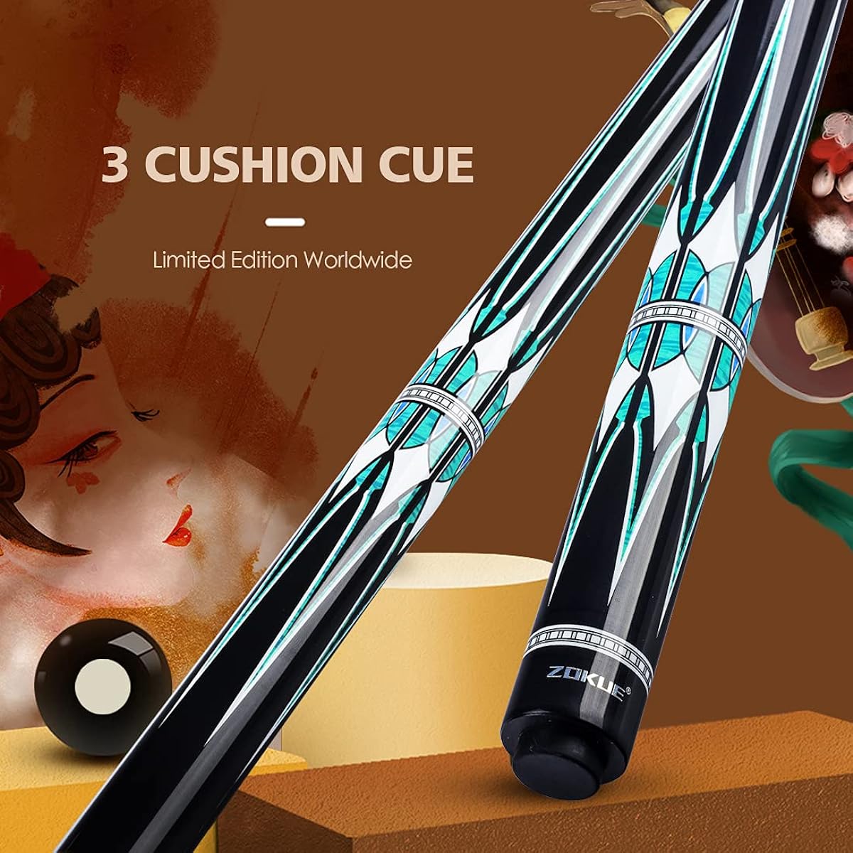 KONLLEN 3 Cushion Carom Cue Stick Billiard Cue Stick Kit with Case (142cm 12mm Sea Eye Tip Radial Pin Joint Weight Adjustable Carom Professional Taper)