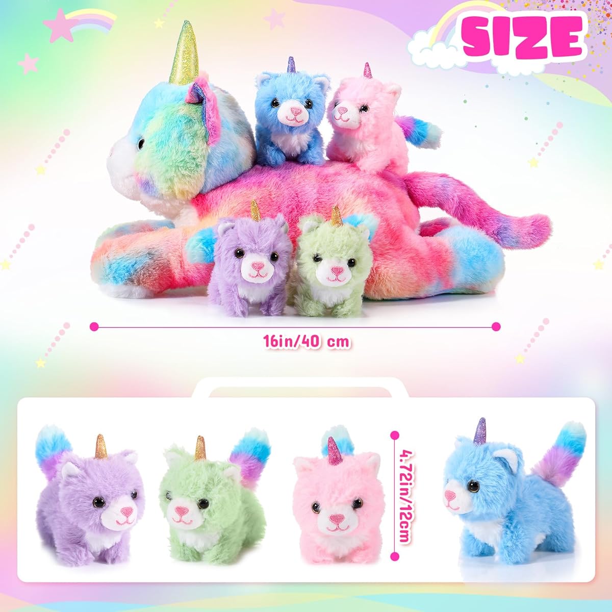 Harrycle 5-Piece Cattycorn Plush Toy Set, 16 Inch Mama Cat Unicorn Cute Stuffed Animal with 4 Baby Kittens Girls Boys Rainbow Cattycorn Plush Toy Set Birthday Gift Party Favors