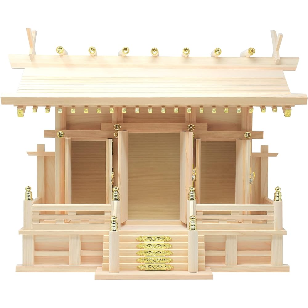 Matsuyama Shinto Buddhist Altar Store Shinto Altar, Three Shrines with Through Roof, Cloud Sticker Included, Made in Japan, Japanese Cypress, Cypress, Width 54cm, Height 40cm, Depth 21.5cm