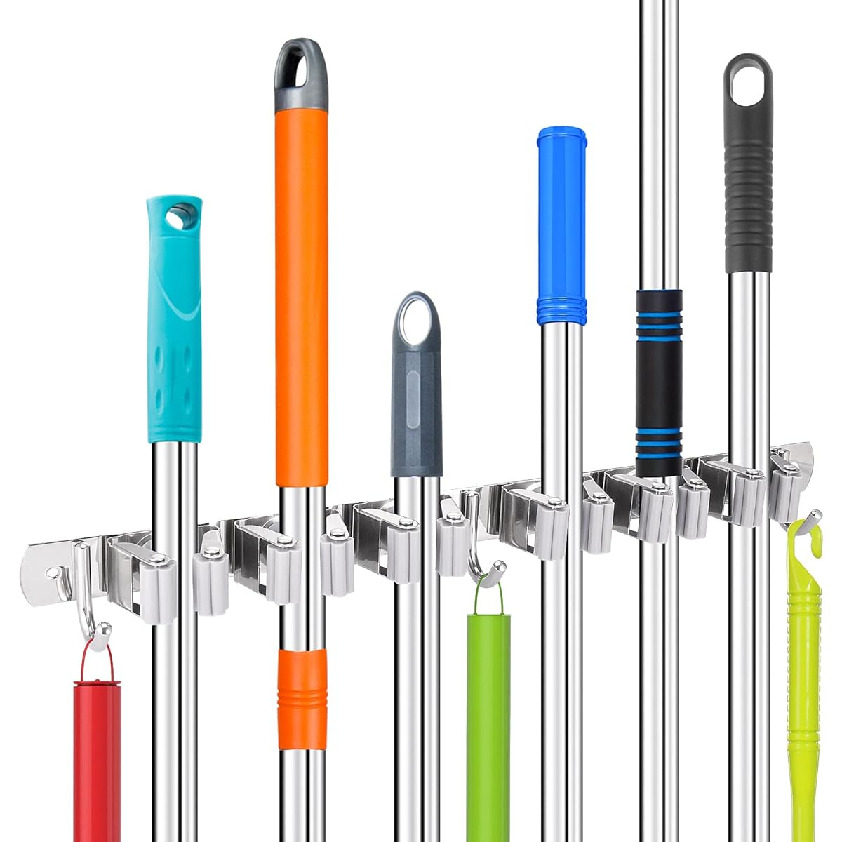 Hejo Broom and Mop Hanger, Stainless Steel Wall Broom Holder with 6 Positions and 3 Hooks, Mop Hanger Organizer for Kitchen, Bathroom, Garage, Garden