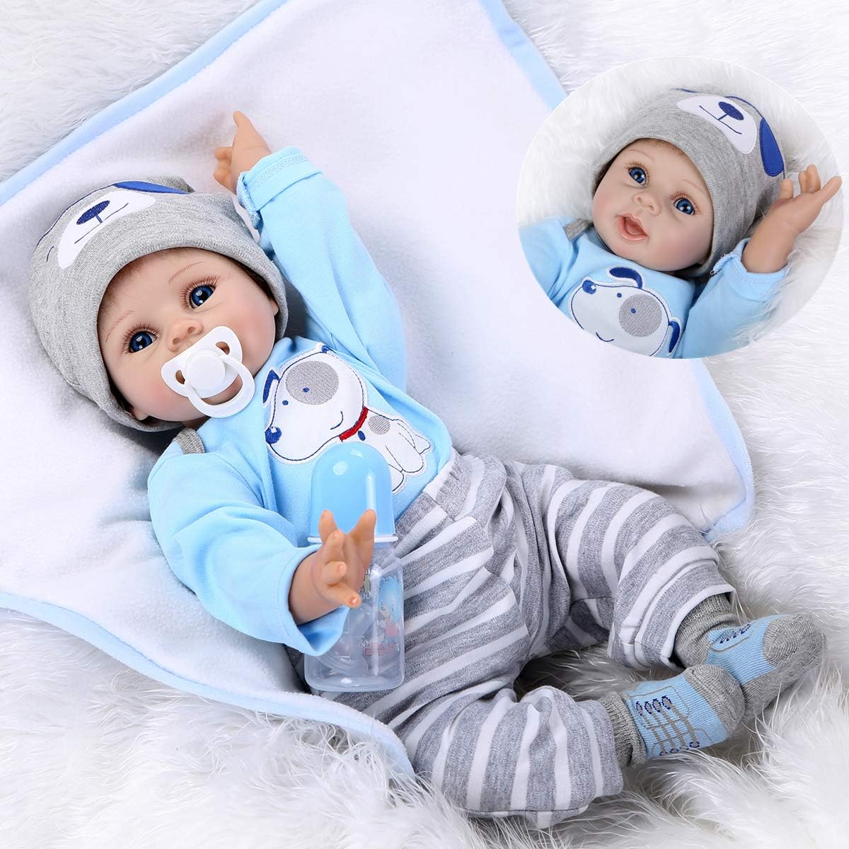 Reborn Baby Doll Soft Silicone Vinyl Baby Boy 22inch 55cm Mouth Cute Boy Toy Blue Dog Cute Doll Gift Set Age 3+