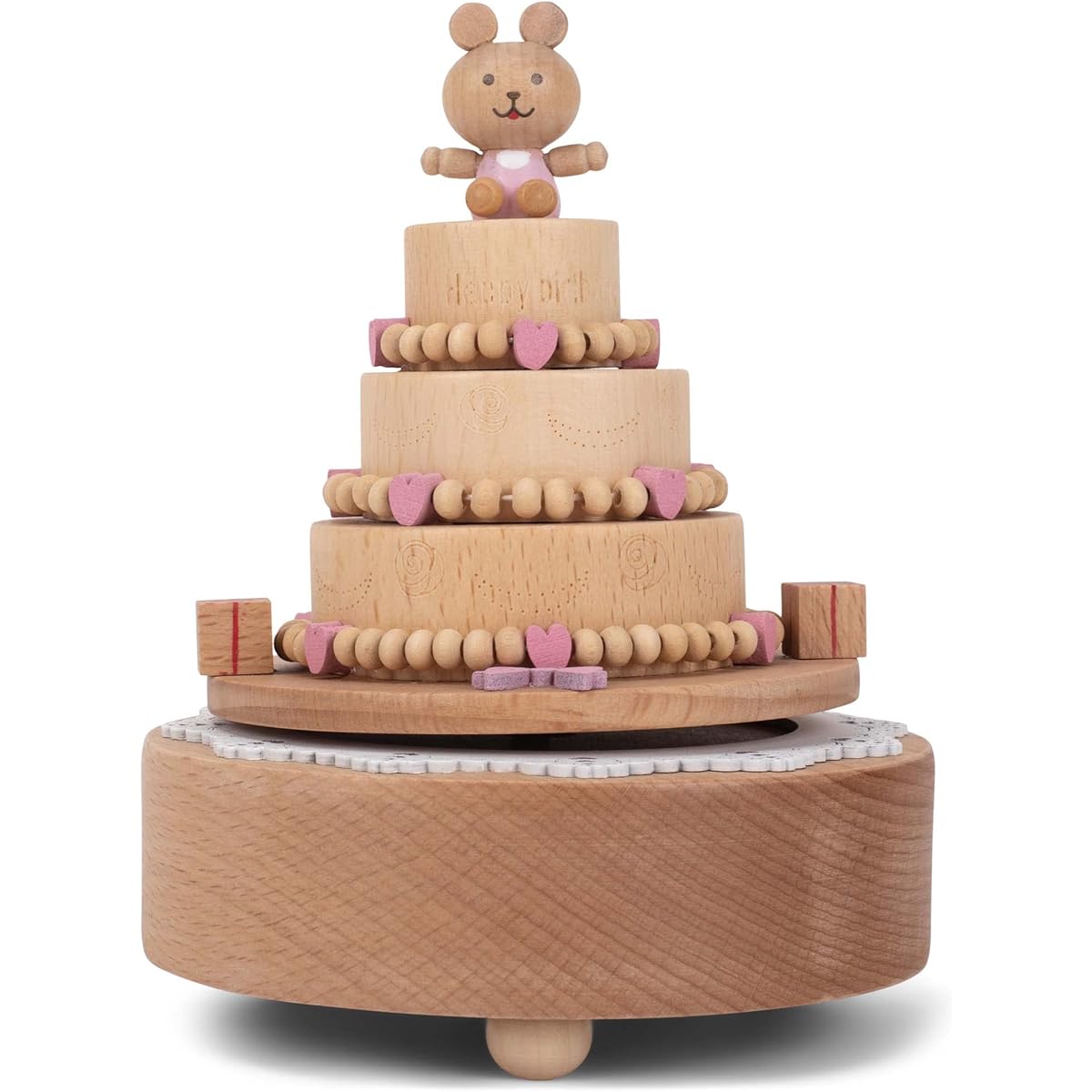 Cottage Garden Happy Birthday Cake Woodgrain 17" Beech Wind Up Musical Figure