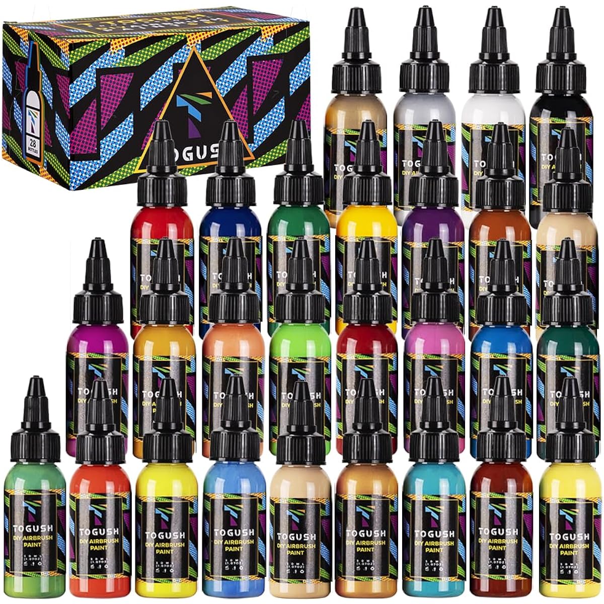 T TOGUSH Airbrush Acrylic Paint Set 28 Colors Non-Toxic Water-Based Paint 30ml 1.2oz Canvas Glass Wood Rich Pigment Beginner Artist Painter Matte Quick Dry