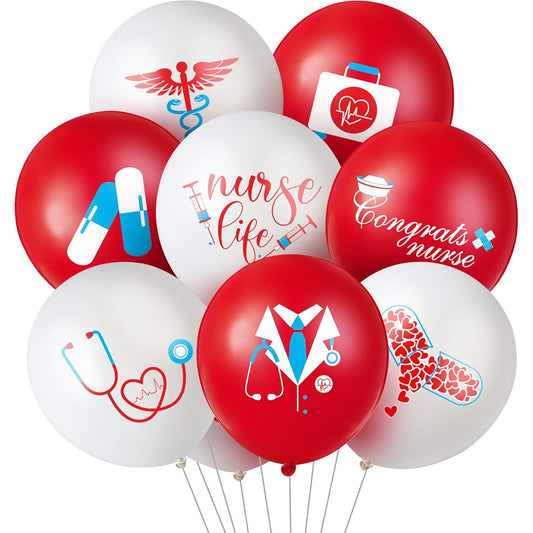 48pcs Nurse Balloons 12inch Red and White Nursing Latex Balloons for Nurse Graduation Decorations Nurse Party Decorations Supplies