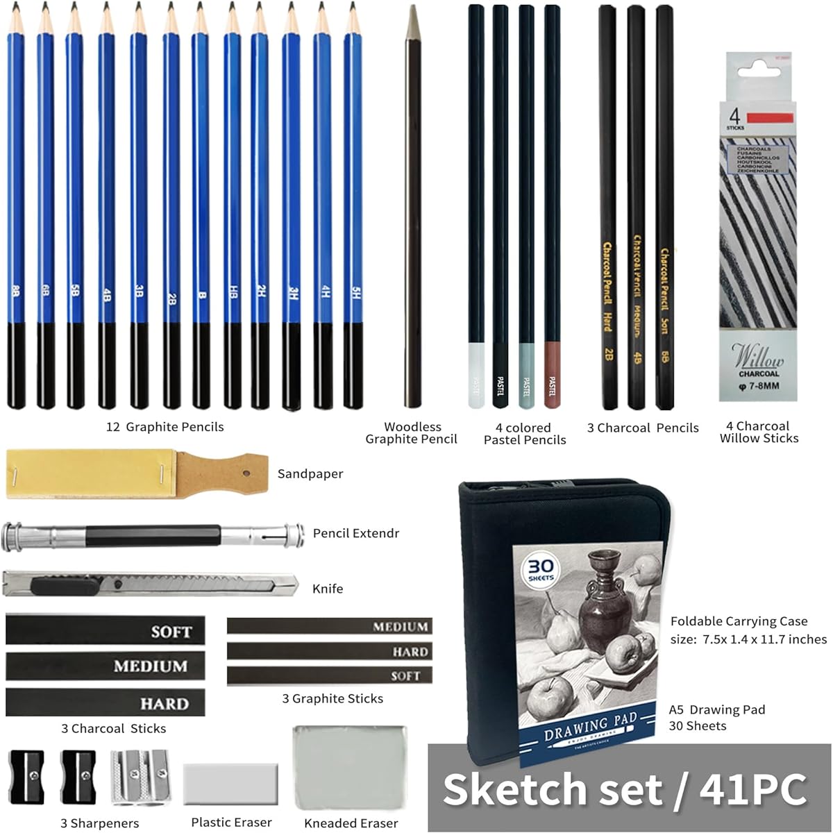 MYBRELAR Sketch & Drawing Kit, 41 Pieces Professional Drawing Pencils, Sketchbook, Graphite and Charcoal Pencils, Art Drawing Set for Kids, Beginners, Teens and Adults