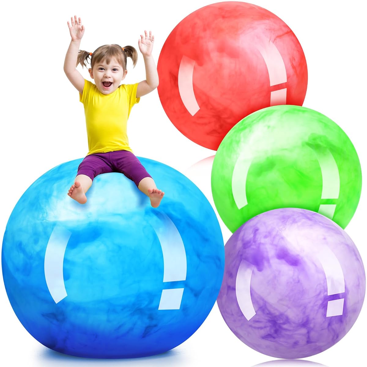 Meooeck 4pcs Inflatable Marble Big Bouncy Ball Big Rubber Ball Giant Inflatable Ball Inflatable Kickball Giant Beach Ball for Kids and Adults